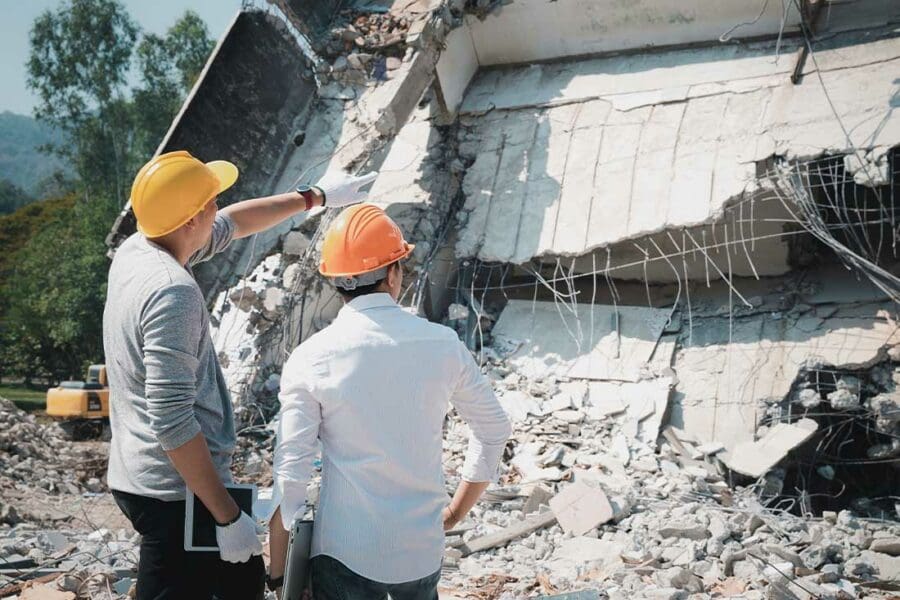 Natural Disaster Insurance - Demolition Control Supervisor and Contractor Discussing Building Condition after a Natural Disaster on a Sunny Day